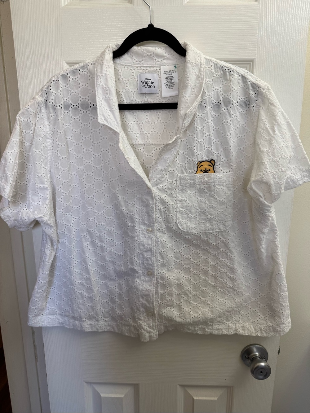Disney White Eyelet Button-Front Women’s Shirt with Winnie the Pooh Pocket